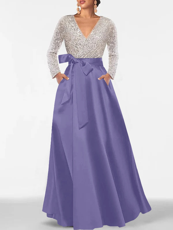 V-Neck A-Line Princess Floor-Length Mother of the Bride Dress with Long Sleeves Pocket and Sequins-BMbridal