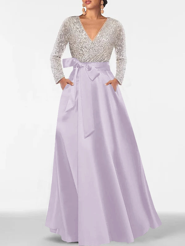 V-Neck A-Line Princess Floor-Length Mother of the Bride Dress with Long Sleeves Pocket and Sequins-BMbridal