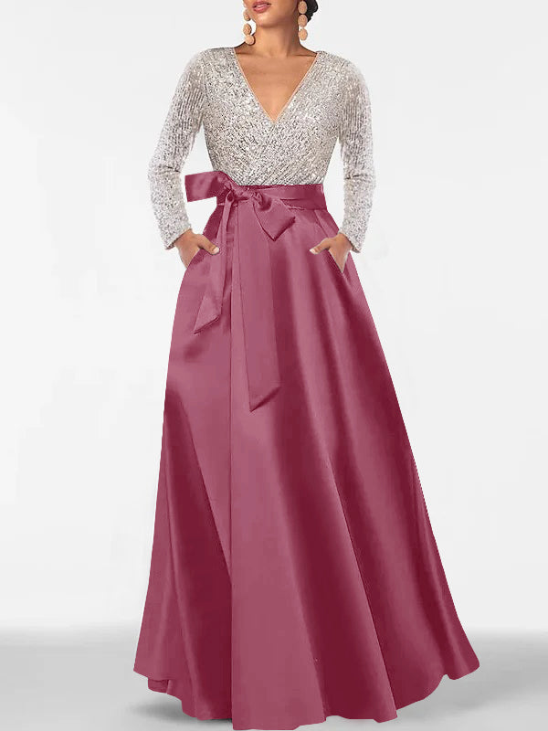 V-Neck A-Line Princess Floor-Length Mother of the Bride Dress with Long Sleeves Pocket and Sequins-BMbridal