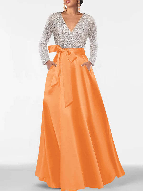 V-Neck A-Line Princess Floor-Length Mother of the Bride Dress with Long Sleeves Pocket and Sequins-BMbridal