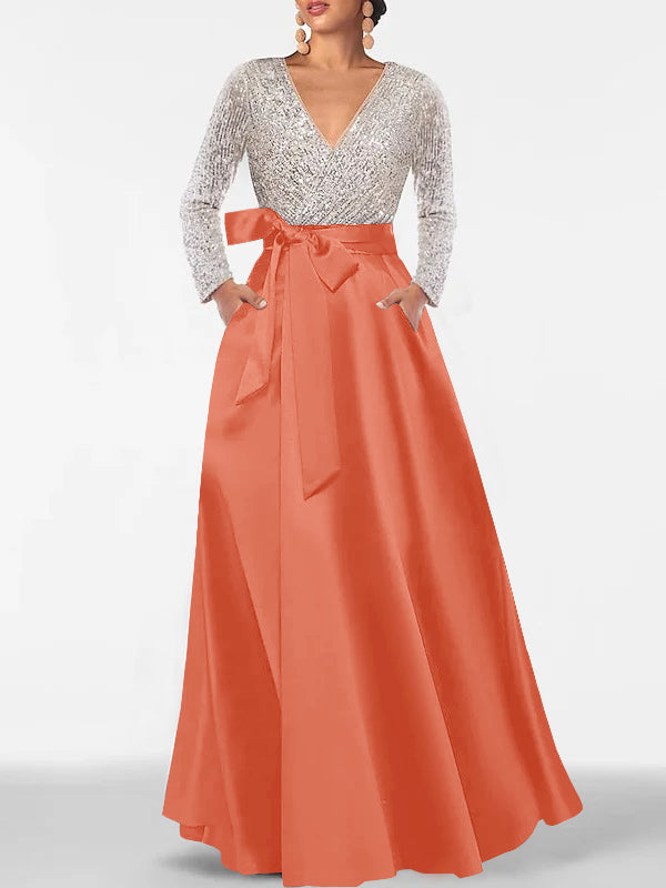 V-Neck A-Line Princess Floor-Length Mother of the Bride Dress with Long Sleeves Pocket and Sequins-BMbridal