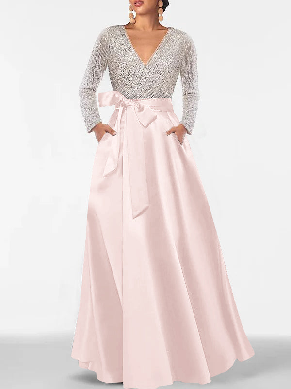 V-Neck A-Line Princess Floor-Length Mother of the Bride Dress with Long Sleeves Pocket and Sequins-BMbridal