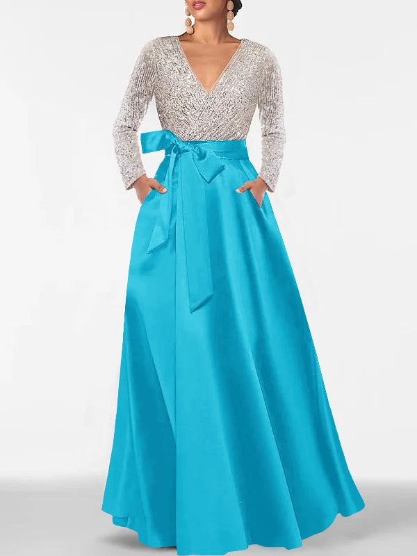 V-Neck A-Line Princess Floor-Length Mother of the Bride Dress with Long Sleeves Pocket and Sequins-BMbridal