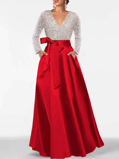 V-Neck A-Line Princess Floor-Length Mother of the Bride Dress with Long Sleeves Pocket and Sequins-BMbridal