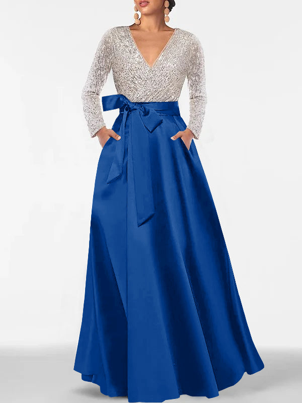 V-Neck A-Line Princess Floor-Length Mother of the Bride Dress with Long Sleeves Pocket and Sequins-BMbridal