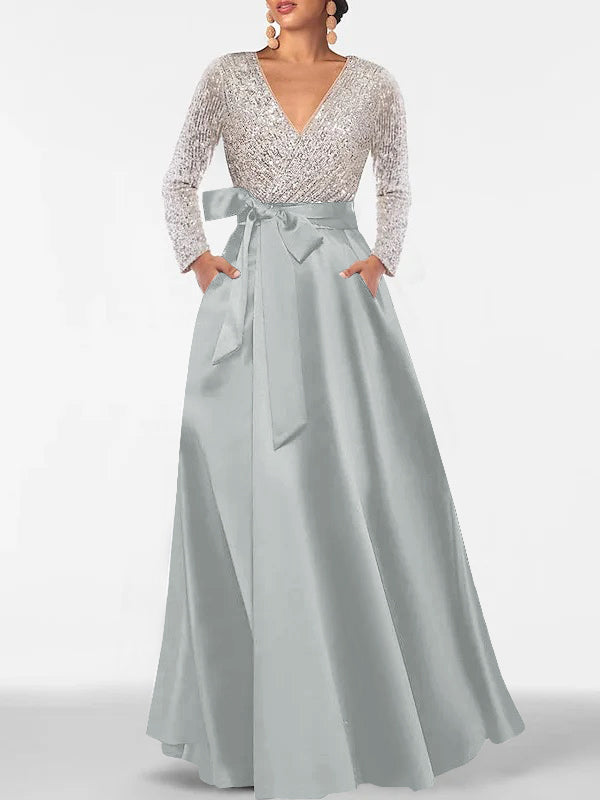 V-Neck A-Line Princess Floor-Length Mother of the Bride Dress with Long Sleeves Pocket and Sequins-BMbridal
