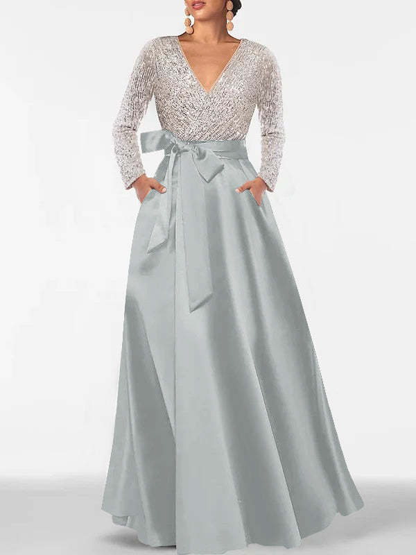 V-Neck A-Line Princess Floor-Length Mother of the Bride Dress with Long Sleeves Pocket and Sequins-BMbridal