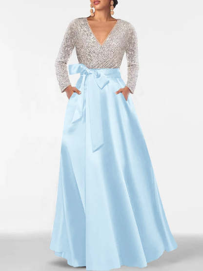 V-Neck A-Line Princess Floor-Length Mother of the Bride Dress with Long Sleeves Pocket and Sequins-BMbridal
