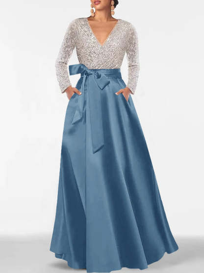 V-Neck A-Line Princess Floor-Length Mother of the Bride Dress with Long Sleeves Pocket and Sequins-BMbridal
