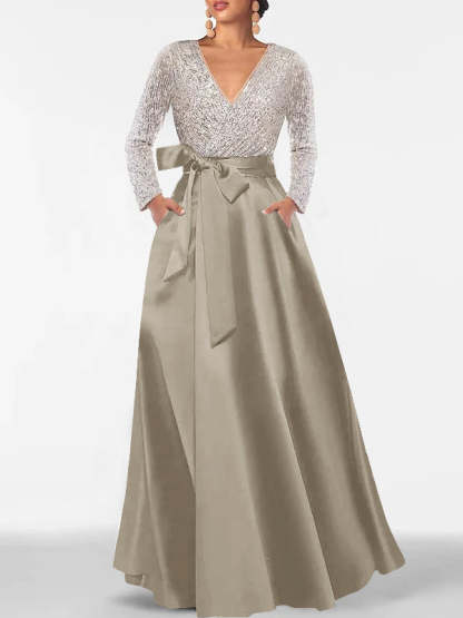 V-Neck A-Line Princess Floor-Length Mother of the Bride Dress with Long Sleeves Pocket and Sequins-BMbridal