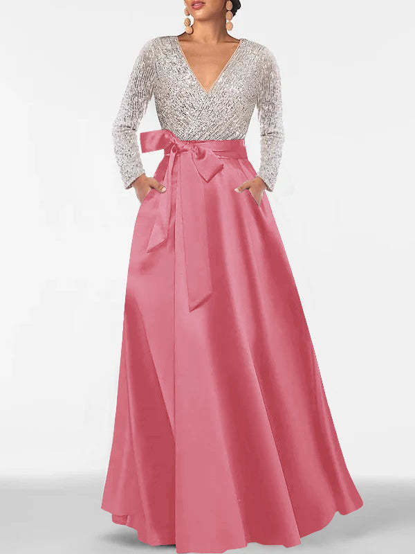 V-Neck A-Line Princess Floor-Length Mother of the Bride Dress with Long Sleeves Pocket and Sequins-BMbridal