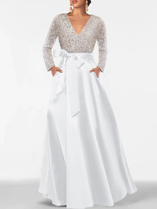 V-Neck A-Line Princess Floor-Length Mother of the Bride Dress with Long Sleeves Pocket and Sequins-BMbridal