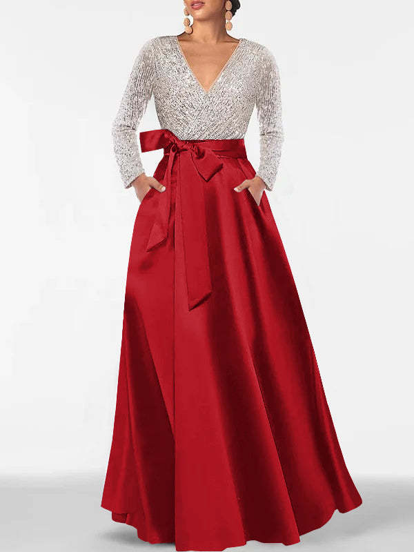 V-Neck A-Line Princess Floor-Length Mother of the Bride Dress with Long Sleeves Pocket and Sequins-BMbridal