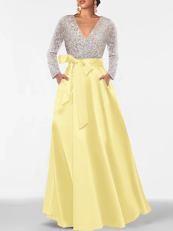 V-Neck A-Line Princess Floor-Length Mother of the Bride Dress with Long Sleeves Pocket and Sequins-BMbridal