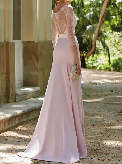 Mother of the Bride 3/4 Sleeve Trumpet/Mermaid Dress with Sash and Sweep/Brush Train-BMbridal