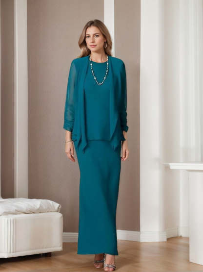Floor-Length Scoop Neck Sheath Dress with Long Sleeves and Jacket for the Mother of the Bride-BMbridal