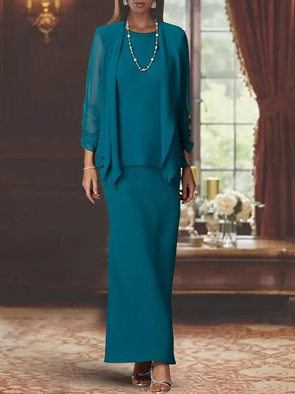 Floor-Length Scoop Neck Sheath Dress with Long Sleeves and Jacket for the Mother of the Bride-BMbridal