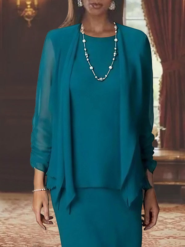 Floor-Length Scoop Neck Sheath Dress with Long Sleeves and Jacket for the Mother of the Bride-BMbridal