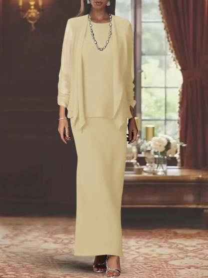 Floor-Length Scoop Neck Sheath Dress with Long Sleeves and Jacket for the Mother of the Bride-BMbridal