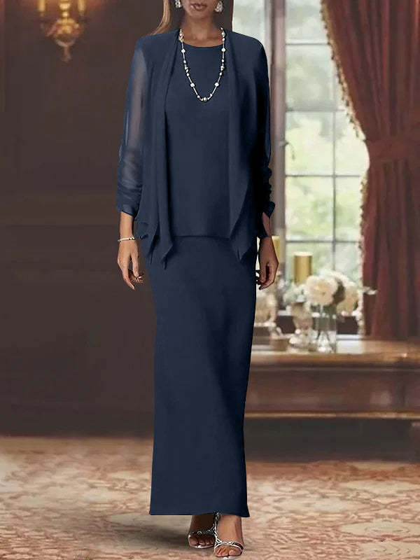 Floor-Length Scoop Neck Sheath Dress with Long Sleeves and Jacket for the Mother of the Bride-BMbridal