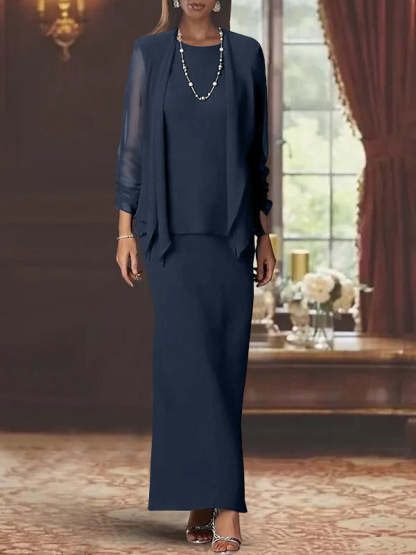 Floor-Length Scoop Neck Sheath Dress with Long Sleeves and Jacket for the Mother of the Bride-BMbridal