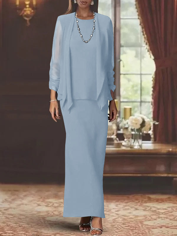 Floor-Length Scoop Neck Sheath Dress with Long Sleeves and Jacket for the Mother of the Bride-BMbridal