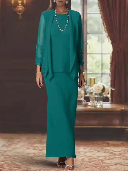 Floor-Length Scoop Neck Sheath Dress with Long Sleeves and Jacket for the Mother of the Bride-BMbridal