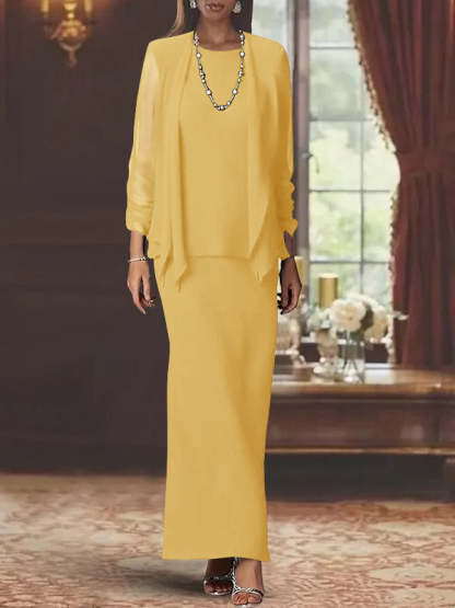 Floor-Length Scoop Neck Sheath Dress with Long Sleeves and Jacket for the Mother of the Bride-BMbridal