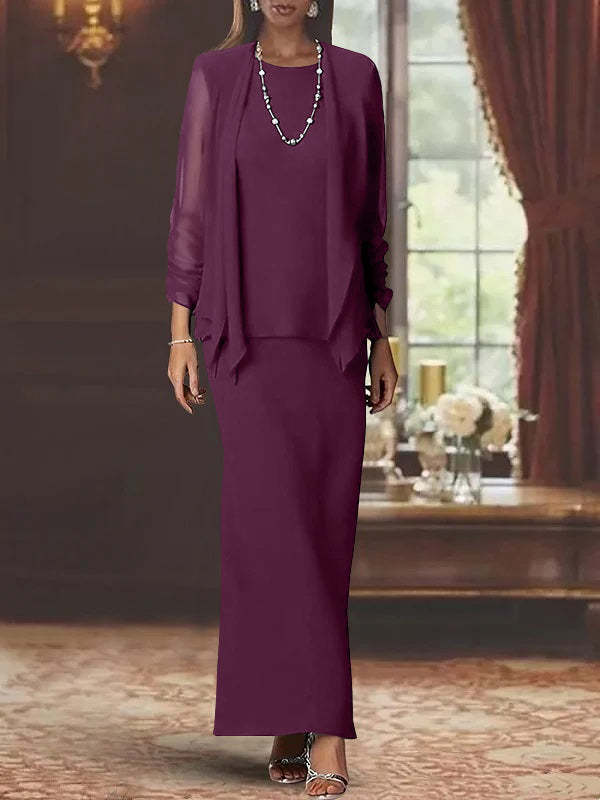 Floor-Length Scoop Neck Sheath Dress with Long Sleeves and Jacket for the Mother of the Bride-BMbridal