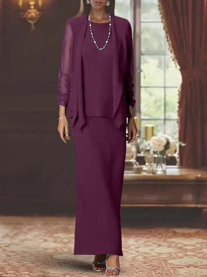 Floor-Length Scoop Neck Sheath Dress with Long Sleeves and Jacket for the Mother of the Bride-BMbridal