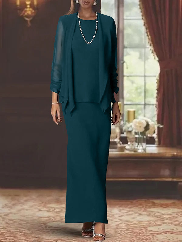 Floor-Length Scoop Neck Sheath Dress with Long Sleeves and Jacket for the Mother of the Bride-BMbridal