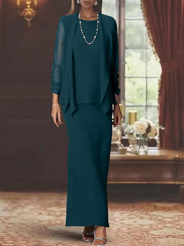 Floor-Length Scoop Neck Sheath Dress with Long Sleeves and Jacket for the Mother of the Bride-BMbridal