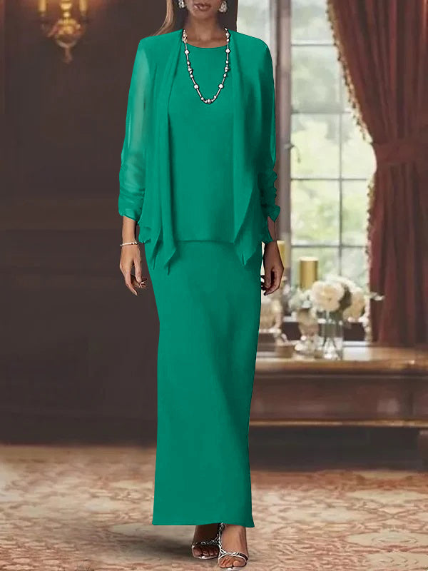 Floor-Length Scoop Neck Sheath Dress with Long Sleeves and Jacket for the Mother of the Bride-BMbridal