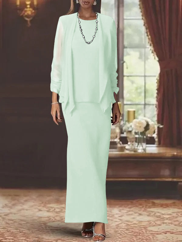 Floor-Length Scoop Neck Sheath Dress with Long Sleeves and Jacket for the Mother of the Bride-BMbridal