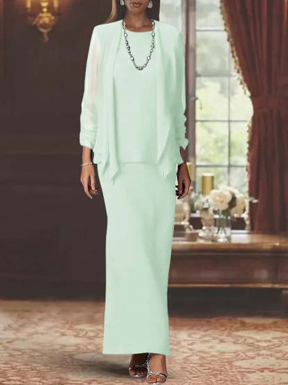Floor-Length Scoop Neck Sheath Dress with Long Sleeves and Jacket for the Mother of the Bride-BMbridal