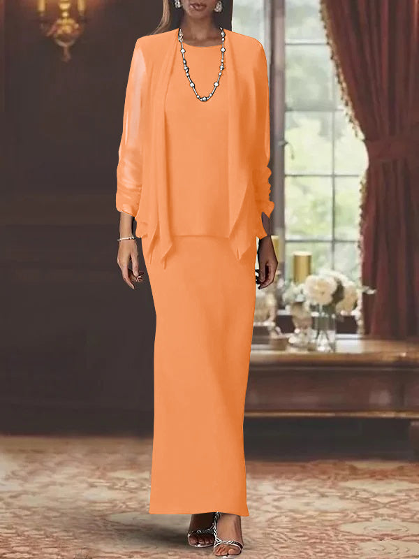 Floor-Length Scoop Neck Sheath Dress with Long Sleeves and Jacket for the Mother of the Bride-BMbridal
