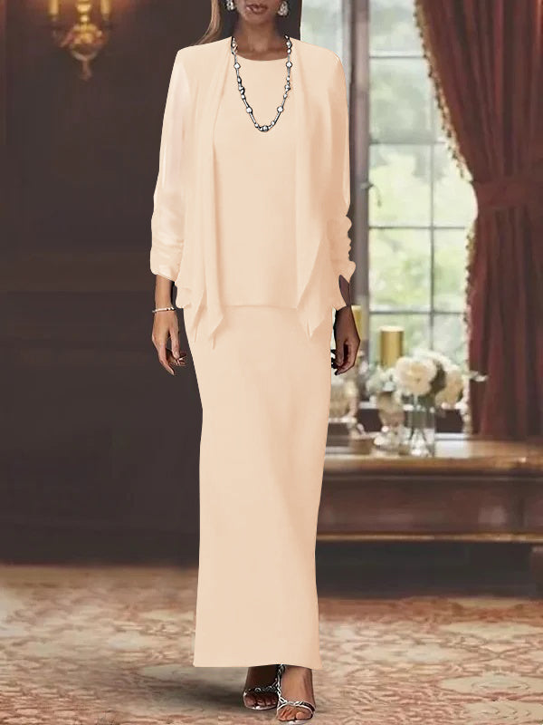 Floor-Length Scoop Neck Sheath Dress with Long Sleeves and Jacket for the Mother of the Bride-BMbridal