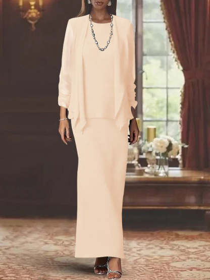 Floor-Length Scoop Neck Sheath Dress with Long Sleeves and Jacket for the Mother of the Bride-BMbridal