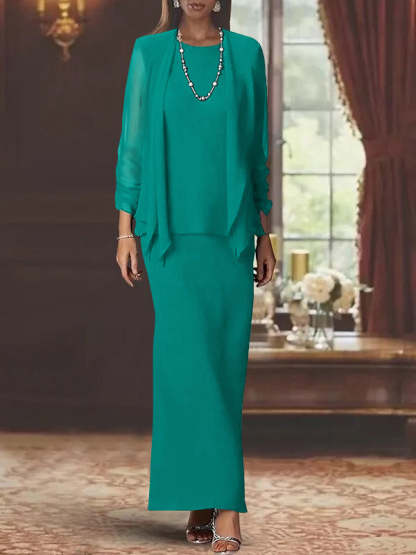 Floor-Length Scoop Neck Sheath Dress with Long Sleeves and Jacket for the Mother of the Bride-BMbridal