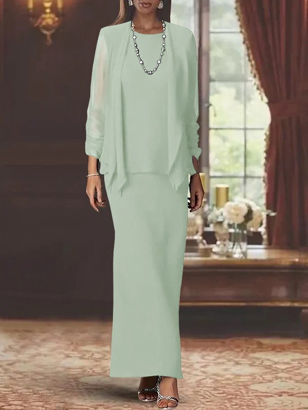 Floor-Length Scoop Neck Sheath Dress with Long Sleeves and Jacket for the Mother of the Bride-BMbridal