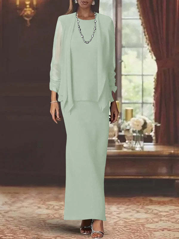 Floor-Length Scoop Neck Sheath Dress with Long Sleeves and Jacket for the Mother of the Bride-BMbridal