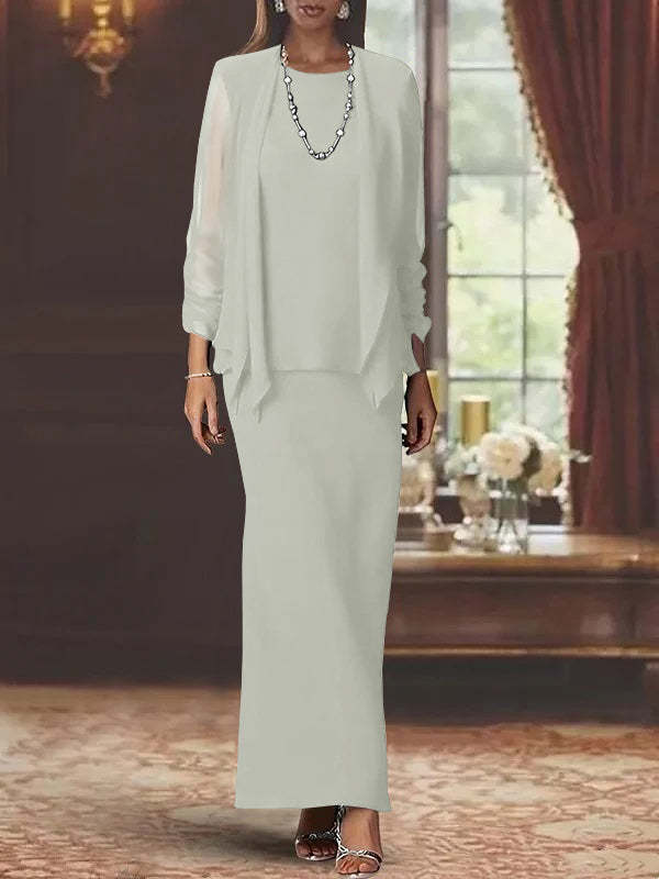 Floor-Length Scoop Neck Sheath Dress with Long Sleeves and Jacket for the Mother of the Bride-BMbridal