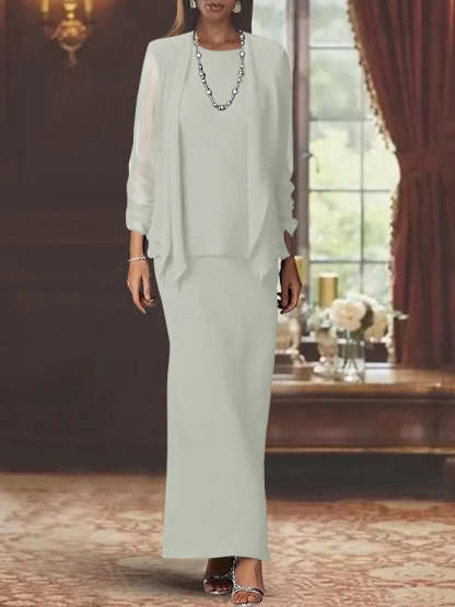 Floor-Length Scoop Neck Sheath Dress with Long Sleeves and Jacket for the Mother of the Bride-BMbridal