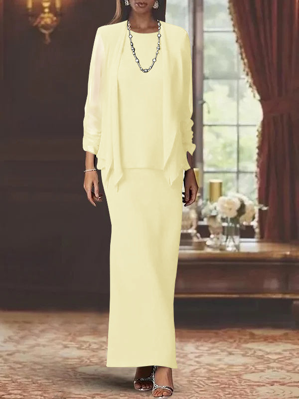 Floor-Length Scoop Neck Sheath Dress with Long Sleeves and Jacket for the Mother of the Bride-BMbridal