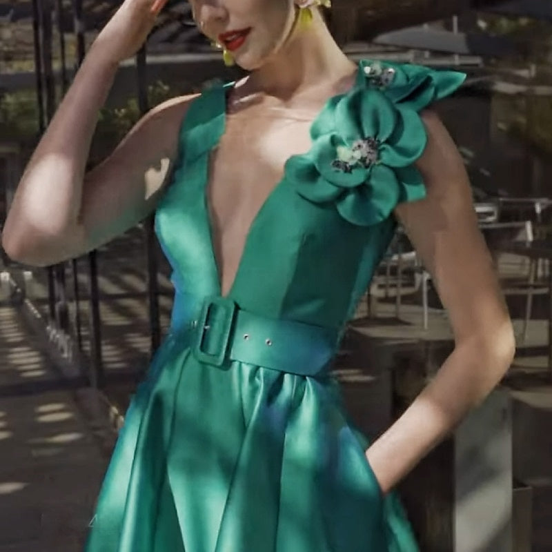 V-Neck Sleeveless A-Line Tea-Length Mother of the Bride Dress with Sash-BMbridal