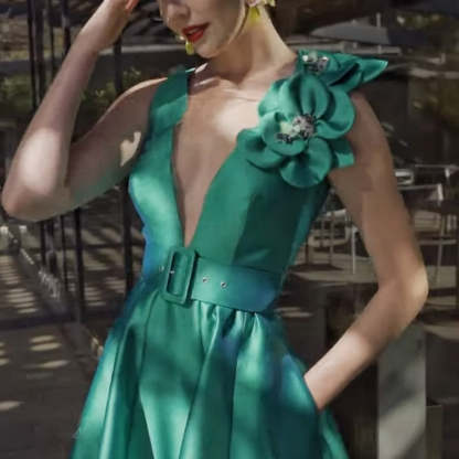 V-Neck Sleeveless A-Line Tea-Length Mother of the Bride Dress with Sash-BMbridal