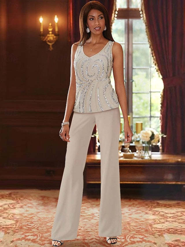 Floor-Length V-Neck Chiffon Pantsuits with Jacket & Sequins for the Mother of the Bride-BMbridal