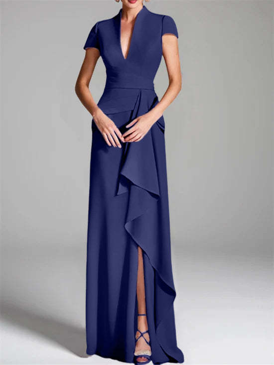 V-Neck Short-Sleeve Floor-Length Mother of the Bride Gown with Side Split-BMbridal
