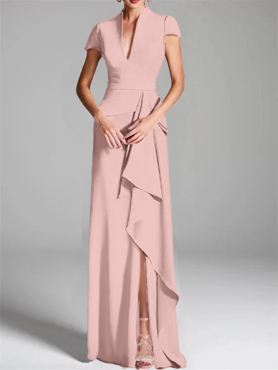 V-Neck Short-Sleeve Floor-Length Mother of the Bride Gown with Side Split-BMbridal