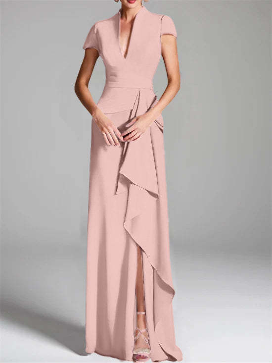 V-Neck Short-Sleeve Floor-Length Mother of the Bride Gown with Side Split-BMbridal